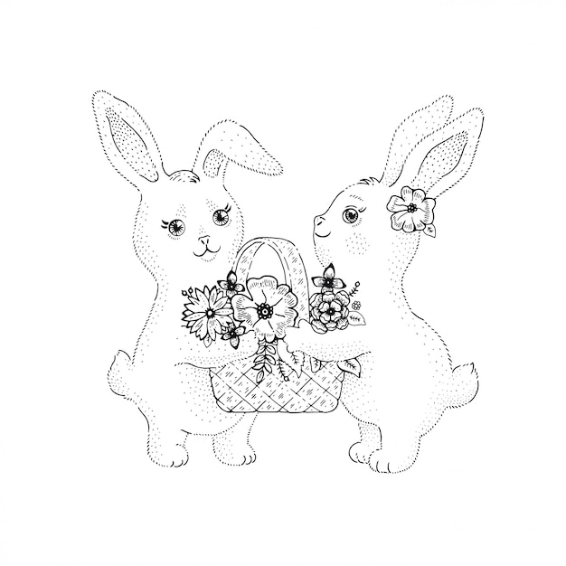 かわいいスケッチスタイルのフラワーバスケットと春のウサギのウサギ プレミアムベクター