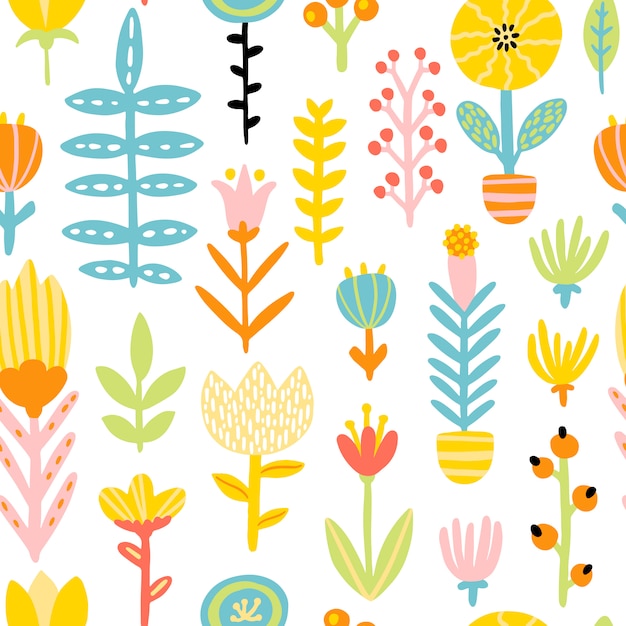 Premium Vector Spring Doodle Seamless Patern With Cute Cartoon Flowers In A Colorful Palette Childish Illustration In Hand Drawn Scandinavian Style Ideal For Textiles Clothing Packaging