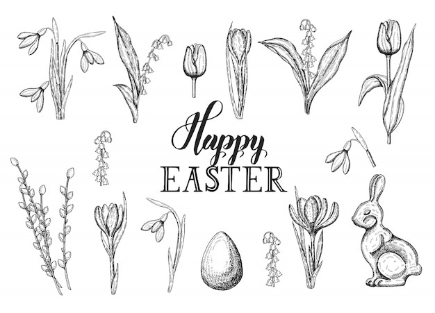 Premium Vector Spring Easter Set With Hand Drawn Doodle Easter Egg Chocolate Bunny Lilies Of The Valley Tulip Snowdrop Crocus Willow Sketch Hand Made Lettering Happy Easter