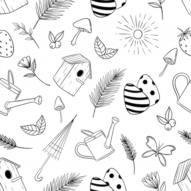 Download Spring icons in seamless pattern with doodle or hand drawn ...