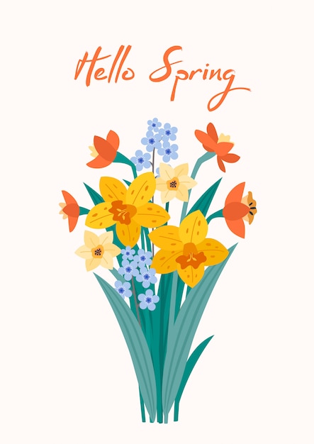花の花束と春のイラスト 綺麗な プレミアムベクター