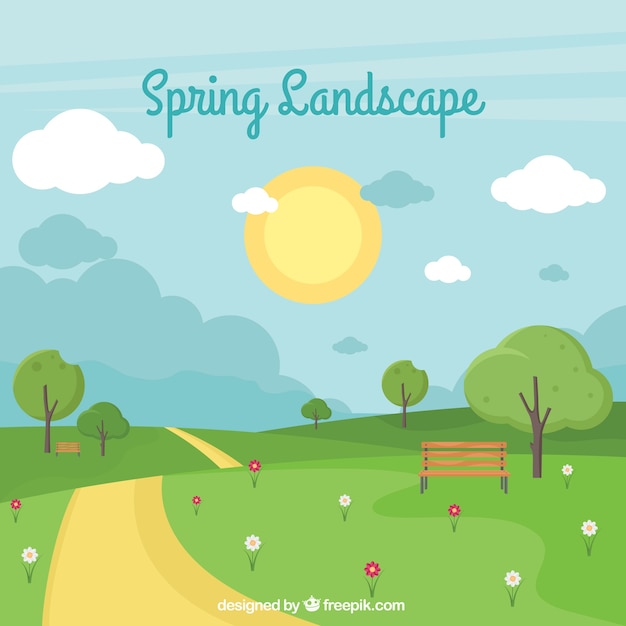 Spring landscape background in flat
style