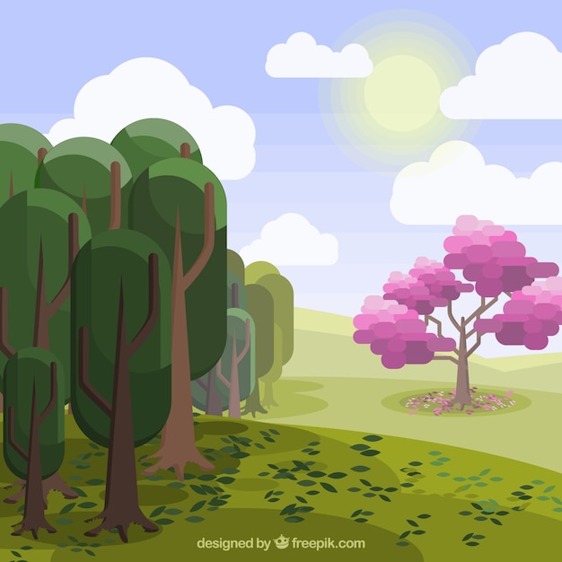 Spring landscape background in flat
style