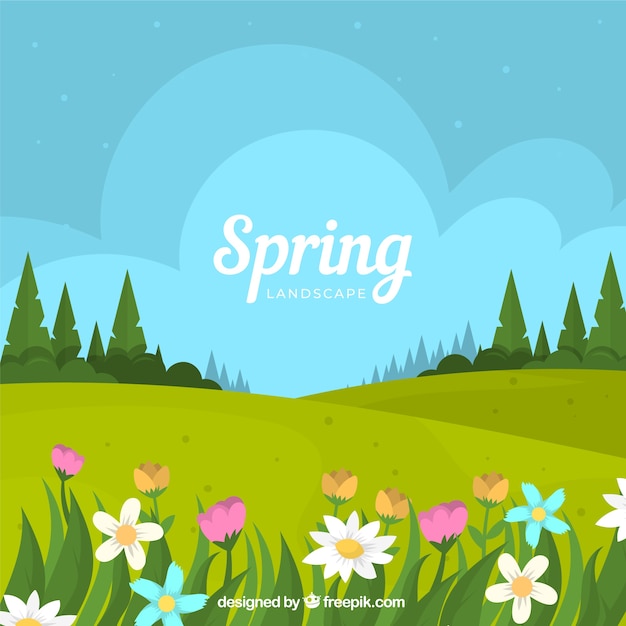 Spring landscape background in flat\
style
