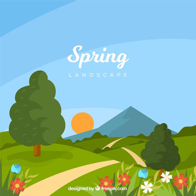 Spring landscape background in flat\
style