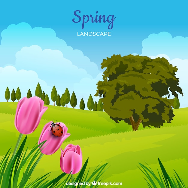 Spring landscape background in realistic
style