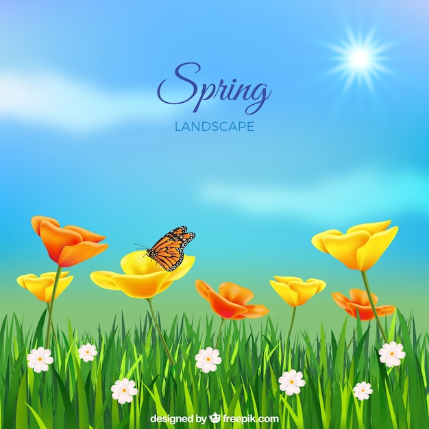 Spring landscape background in realistic
style