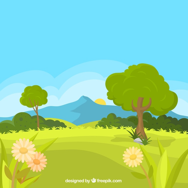 Spring landscape background with meadow and\
daisies