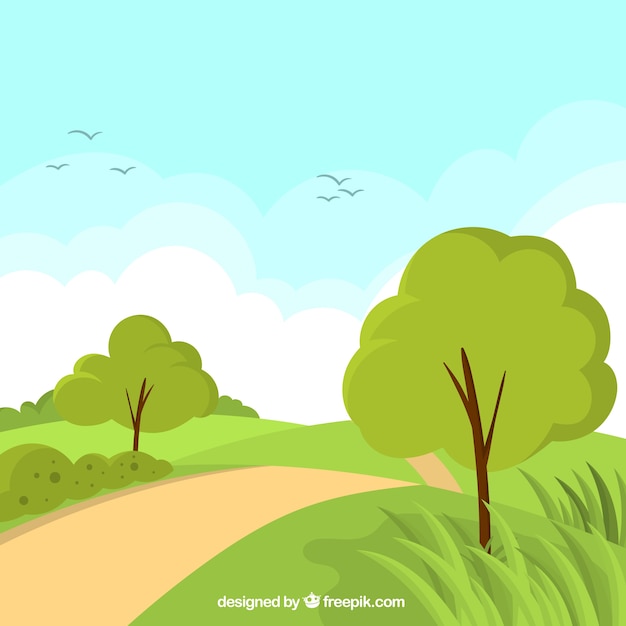 Spring landscape background with path between\
trees