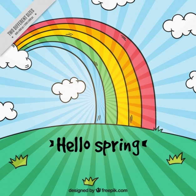 Spring landscape background with rainbow