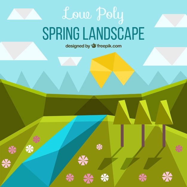 Spring landscape background with river in\
polygonal style