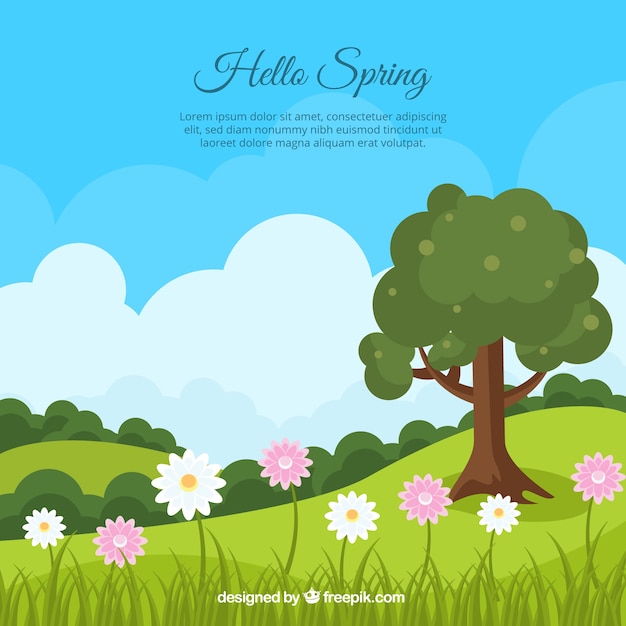 Spring landscape background with tree and
daisies