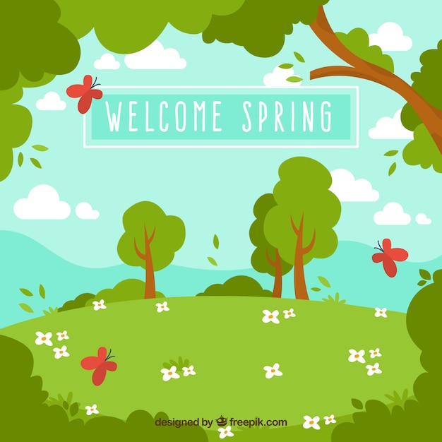 Spring landscape background with trees and
butterflies