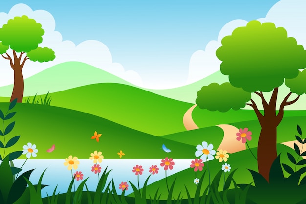 色とりどりの花と木と春の風景イラスト プレミアムベクター