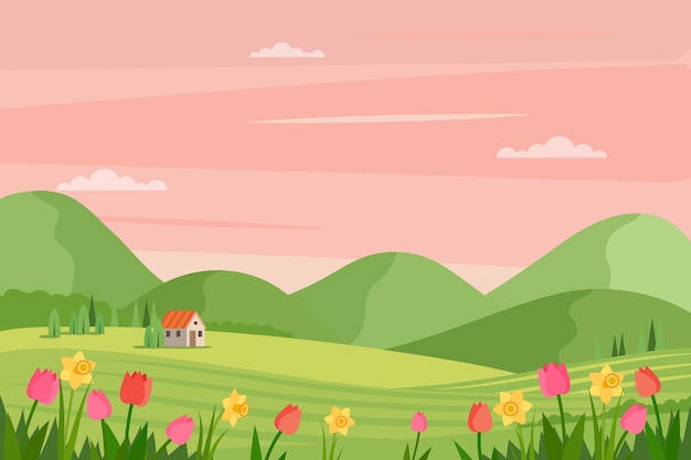 Spring Landscape With Flowers And Grass Free Vector