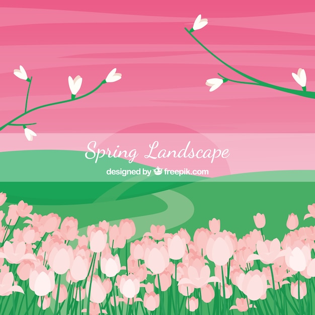 Spring landscape with pink sky