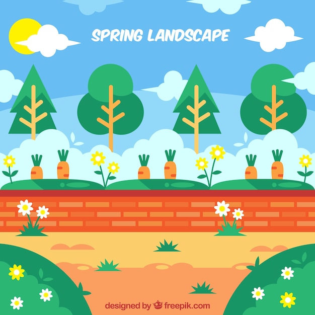 Spring landscape with wall
