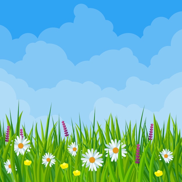 フラットなデザインイラストの春の草原の花 プレミアムベクター