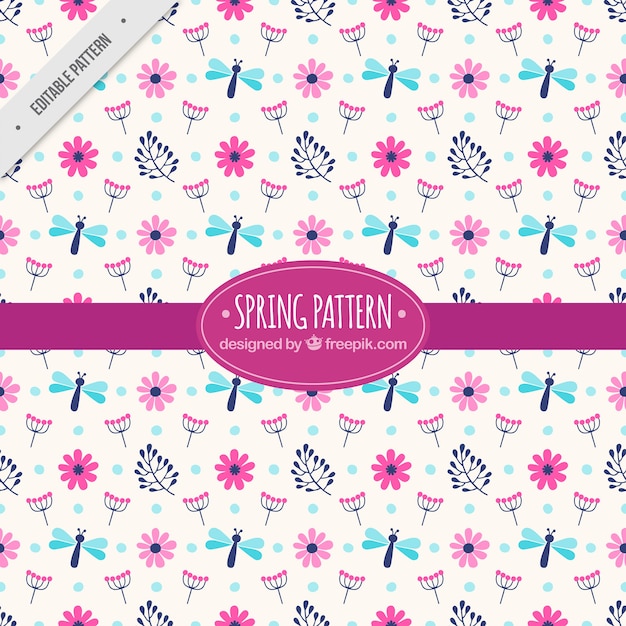 Spring pattern with flowers and
dragonflies