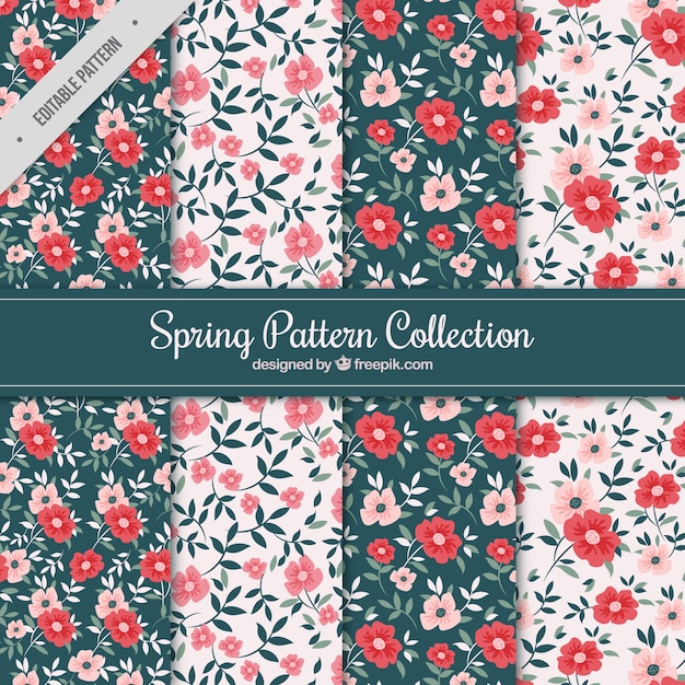 Spring patterns with red and pink flowers Free Vector
