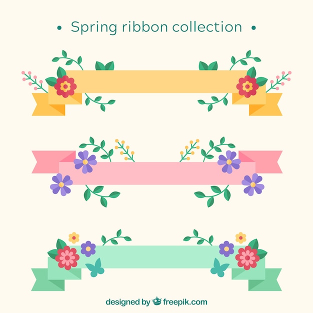 Spring ribbons with flowers collection in flat
style
