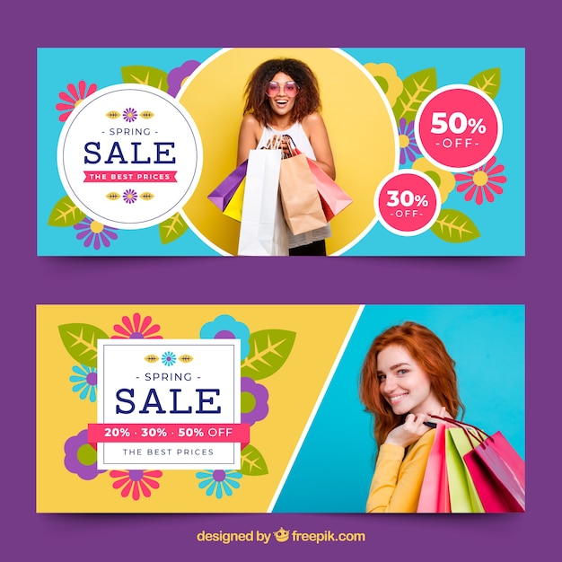 Spring sale banners with photo of woman Free Vector Spring sale banners with photo of woman Free Vector