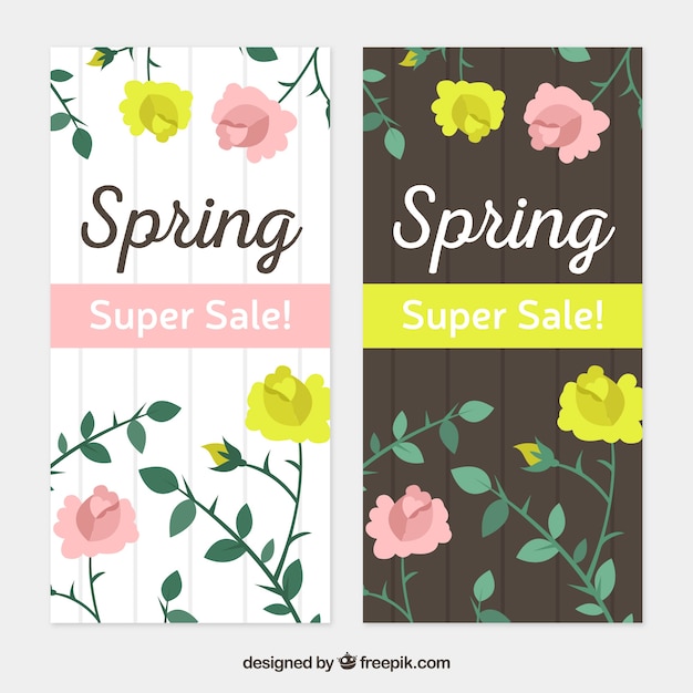 Spring sale banners with pink and yellow\
flowers