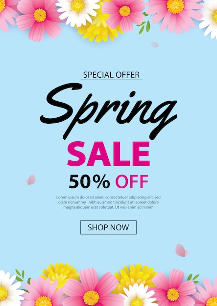 Premium Vector | Spring sale poster banner with blooming flowers background