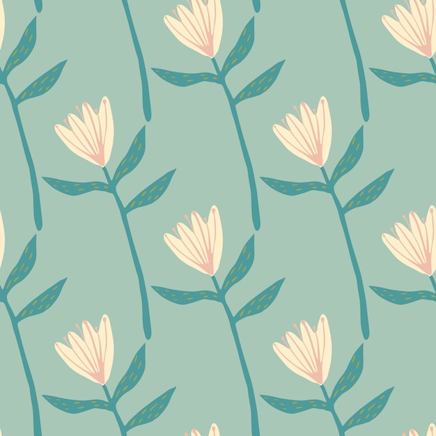 明るいピンクの花の形をした春のシームレスなパターン 柔らかいターコイズブルーの背景 手描きの植物飾り 壁紙 ラッピング テキスタイルプリント ファブリックの装飾プリント 図 プレミアムベクター