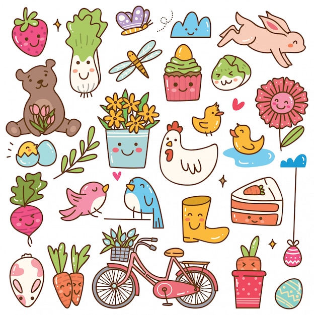 Premium Vector | Spring season kawaii doodle set