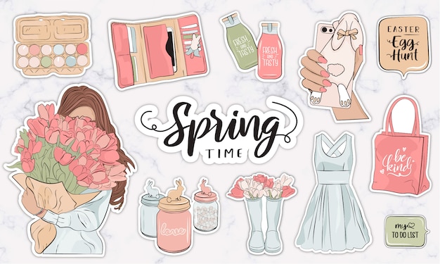 Spring stickers collection with modern female fashion objects and ...