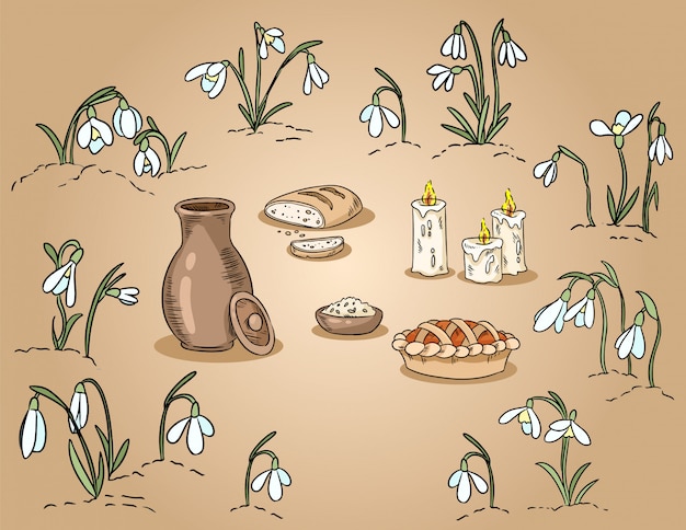 スノードロップの中で伝統的な春の食べ物手描きのカラフルなイラスト プレミアムベクター