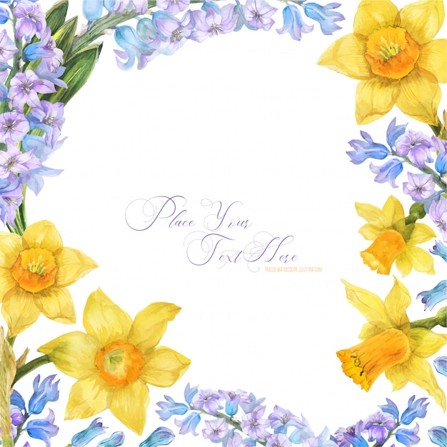 水仙とヒヤシンスの花と春の水彩画フレーム プレミアムベクター
