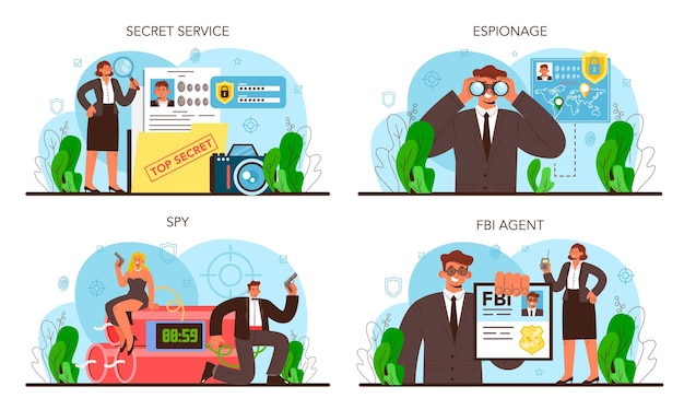 Premium Vector Spy Set Secret Agent Or Fbi Investigating Crime Protection Of Espionage 