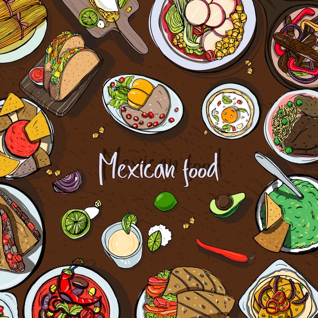 メキシコ料理 伝統的な料理と正方形の背景 様々な料理で手描きのカラフルなイラスト プレミアムベクター