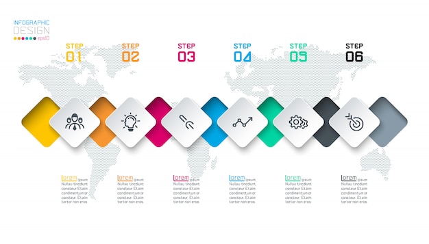 Square label infographic with 6 steps. Premium Vector