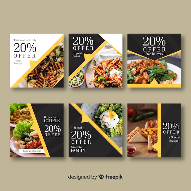 Square photographic food banner set Free Vector