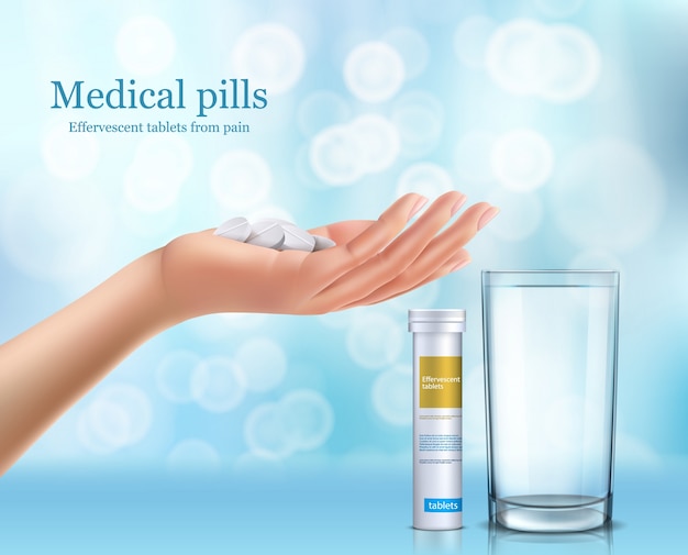 Sround tablets in a glass of water, cylindrical container and human hand. Free Vector
