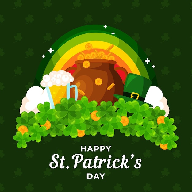 St. patrick's day illustration with  rainbow and cauldron of coins Free Vector
