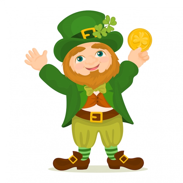 St. patrick's day. leprechaun holding a golden coin | Premium Vector