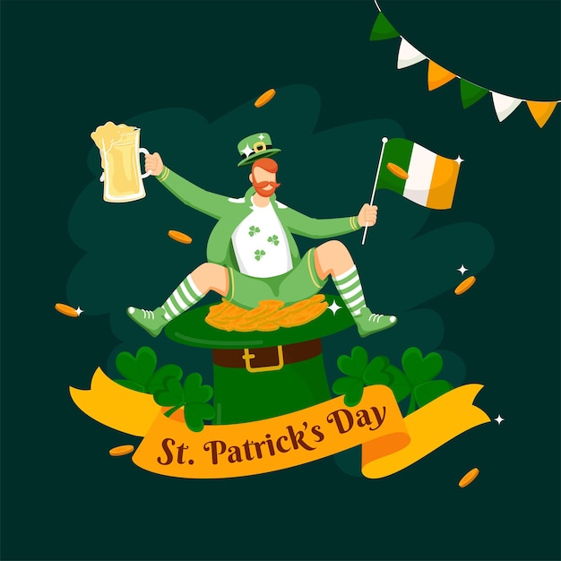 Premium Vector St Patrick S Day Text Ribbon With Cartoon Leprechaun Man Holding Irish Flag