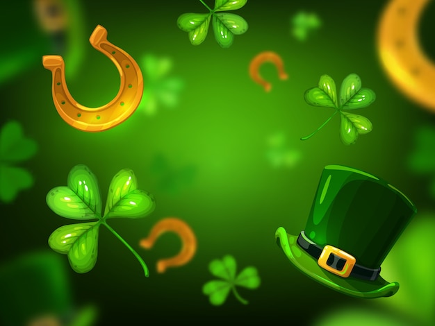 アイルランドの休日の緑のクローバーまたはシャムロックの葉 幸運の金色の蹄鉄とケルトのレプラコーン帽子の聖パトリックの日の背景 春祭りやアイルランドの聖饗宴のお祝いの背景デザイン プレミアムベクター