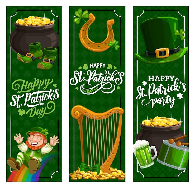 St. patricks day irish holiday banners. patricks day green beer, hat and clover leaves, leprechaun treasure pot with gold coins, lucky horseshoe and shamrock, rainbow, spring fest drum, harp Premium Vector
