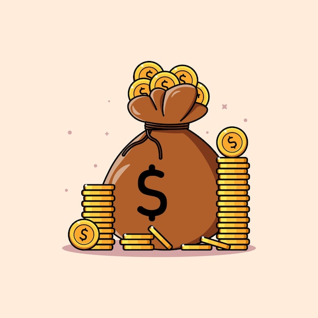 Premium Vector | Stack of coins and money bag saving money illustration