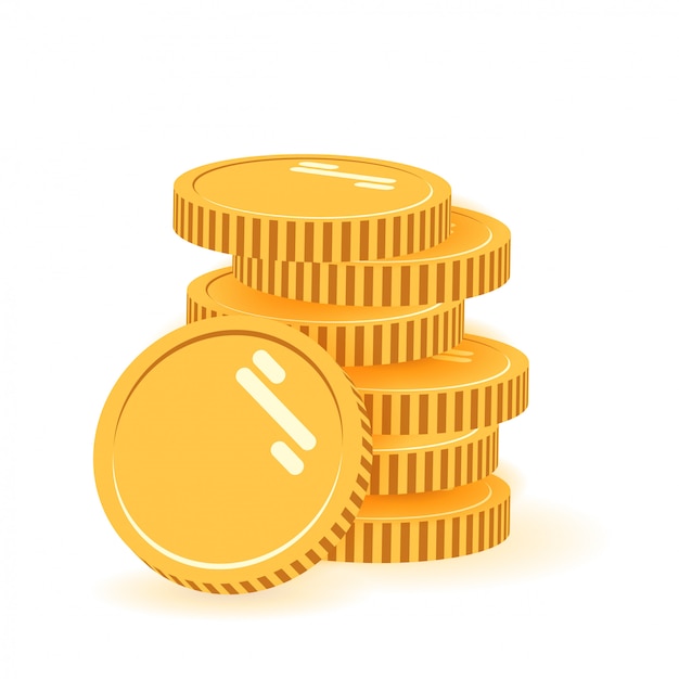 その前にコインとコインのスタック アイコンフラット コインの山 コインのお金 白い背景に分離された積み上げ金貨モダンなデザインの上に立っている1つの黄金 のコイン プレミアムベクター