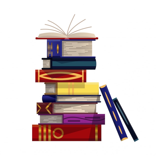 カラフルな本のスタック 教育本のベクトルの山 フラットスタイルのイラスト 知識の概念 本を通して読書 学習 教育を受ける プレミアムベクター
