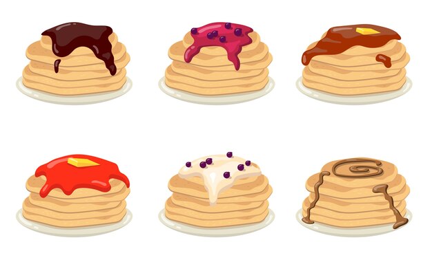 Free Vector Stack Of Pancakes Set American Breakfast Dish With Various Toppings Blueberry 