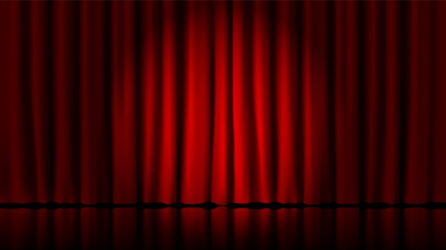 プレミアムベクター ステージカーテンはサーチライトで点灯します 現実的な劇場赤い劇的なカーテン ステージ演劇の古典的なカーテンのテンプレートイラスト にスポットライト サーカスと映画館 スタンドアップインテリアシーン