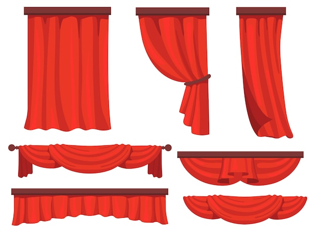 ウェブデザインのためのステージ赤いカーテンフラットセット 映画やオペラのベクトルイラストコレクションの漫画の生地のカーテン 窓のカーテンと装飾のコンセプト 無料のベクター