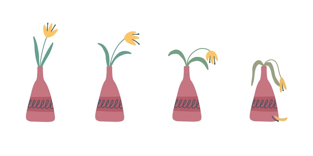 枯れた段階 花瓶のしおれた花 水やりや手入れをせずに放棄された植物 切り花が枯れています ベクトルイラスト 手描きの有機フラットスタイル プレミアムベクター